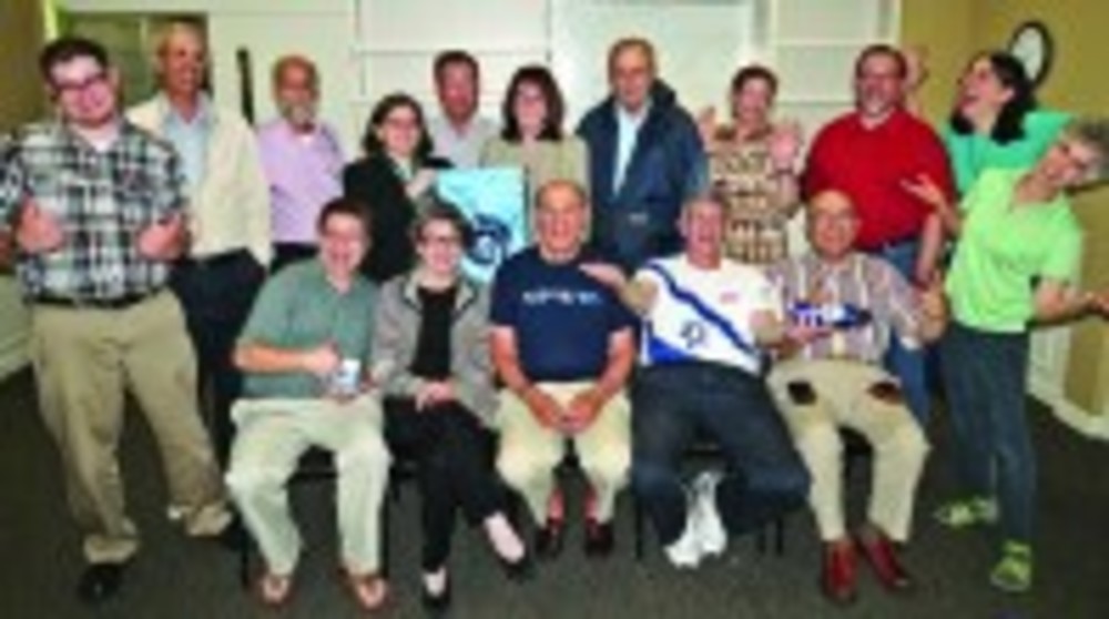 URI Hillel board and staff members “get silly” for this photo at the June 3 annual meeting. Seated, from left, are Seth Finkle, Barbara Sokoloff, Mel Alperin, Henry Winkleman, Sam Shamoon and standing, from left, are Aaron Guttin, David Talan, Louis Kirschenbaum, Jhodi Redlich, Mark Ross, Susan Leach DeBlasio,                     Marty Waldman, Amy Weiss, Ron Freeman, Amy Olson and Martha Roberts. /Arlene Winkleman